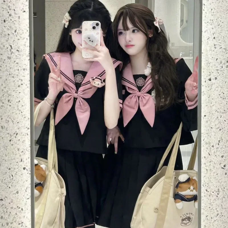 Summer Original Black Pink Sailor Suit JK Uniform Women Japanese Fashion School Uniform Suit Floral Embroidery Bow Pleated Skirt