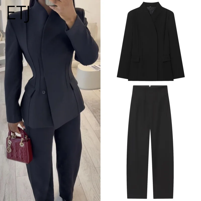 

ETJ 2025 women's new fashion design three-dimensional cut high collar slim suit jacket & matching casual trousers