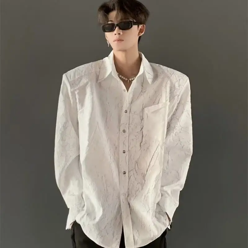 Deconstructed Textured Black Crackle Shoulder Pad Shirt Casual Fashion Male Clothes Y2K Spring Autumn Long Sleeve Y2K Blouse Man