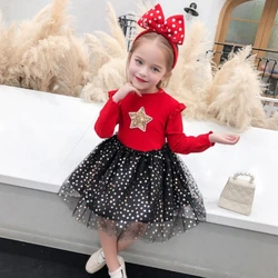 Baby Girl Princess Dress Star Sequined Tulle Dress Toddler Kid Clothes Long Sleeve Children Birthday Party Costume Outfit A831