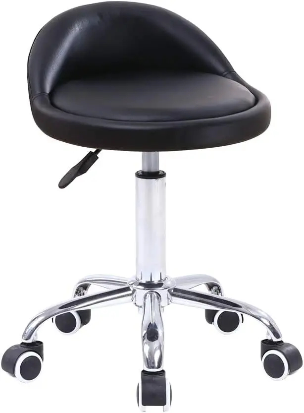 

Adjustable Height Swivel Rolling Stool with Backrest, PU Leather Drafting Chair on Wheels in Black