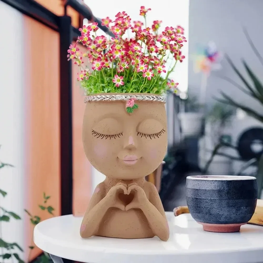 Face Flower Pot Girl Planter Figure Art Statue Ornament Home Human Resin Decorative Potted with Drainage Hole Gift For Her/Him