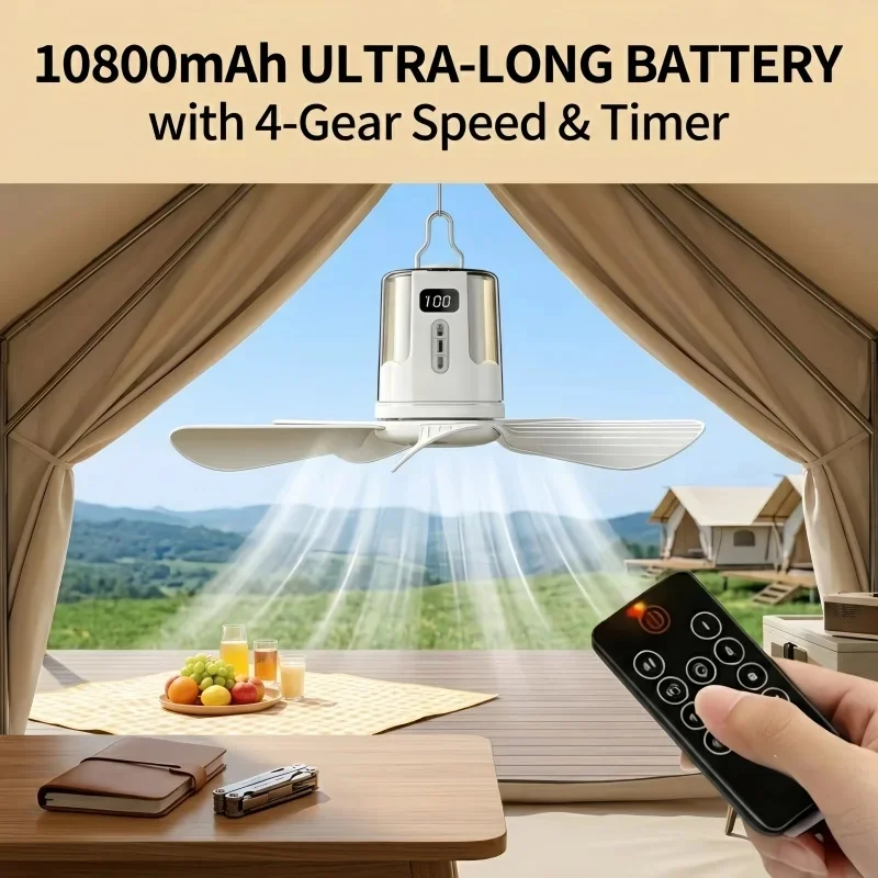 Image of 10800mAh Deckenventilatoren, tragbarer Campingventilator, Zelt-Luftzirkulator, Kühler, wiederaufladbarer elektrischer Ventilator für den Außenbereich, LED-Licht, Fernbedienung