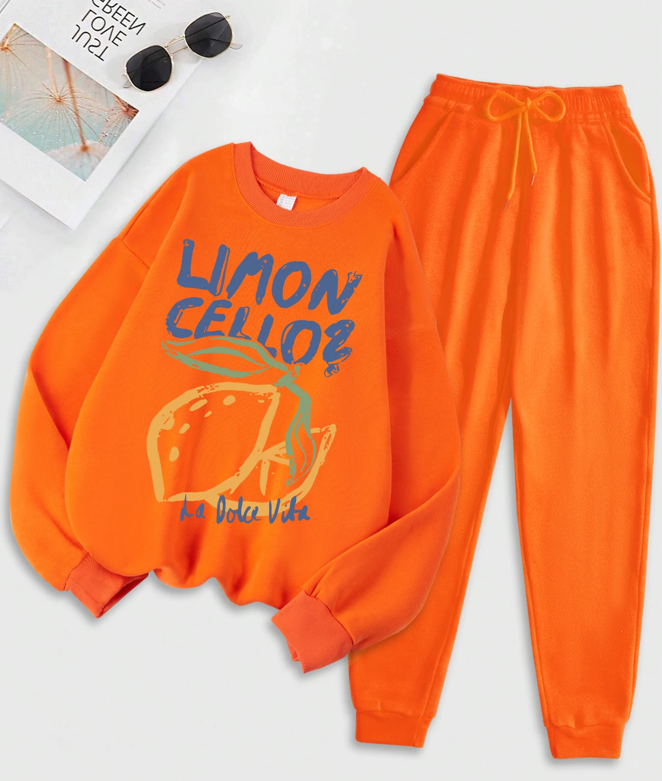 

Женский комплект свитшотов с креативным принтом Lemon Fruit Cellos, осенние пуловеры в стиле хип-хоп Y2K, повседневные спортивные штаны, мягкая флисовая спортивная одежда