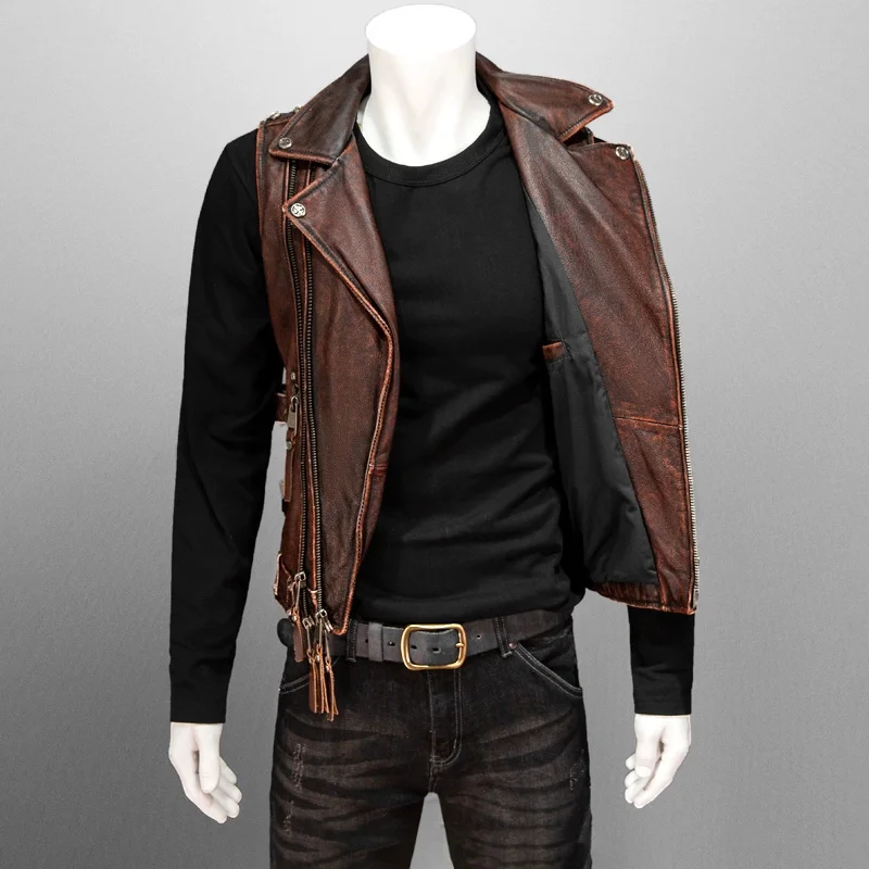 Red Brown Spring Leather Vest Men Vintage Punk Style Plus Size 5XL Natural Cowhide Slim Fit Short Genuine Leather Vest