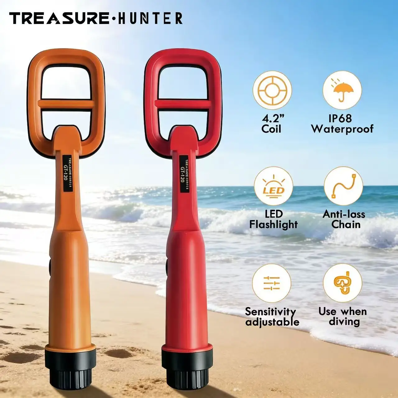 Treasure Hunter GT120 Handheld Diving Metal Detector Pinpointer Pointer Probe Waterproof  Metal Pinpointing 4.2