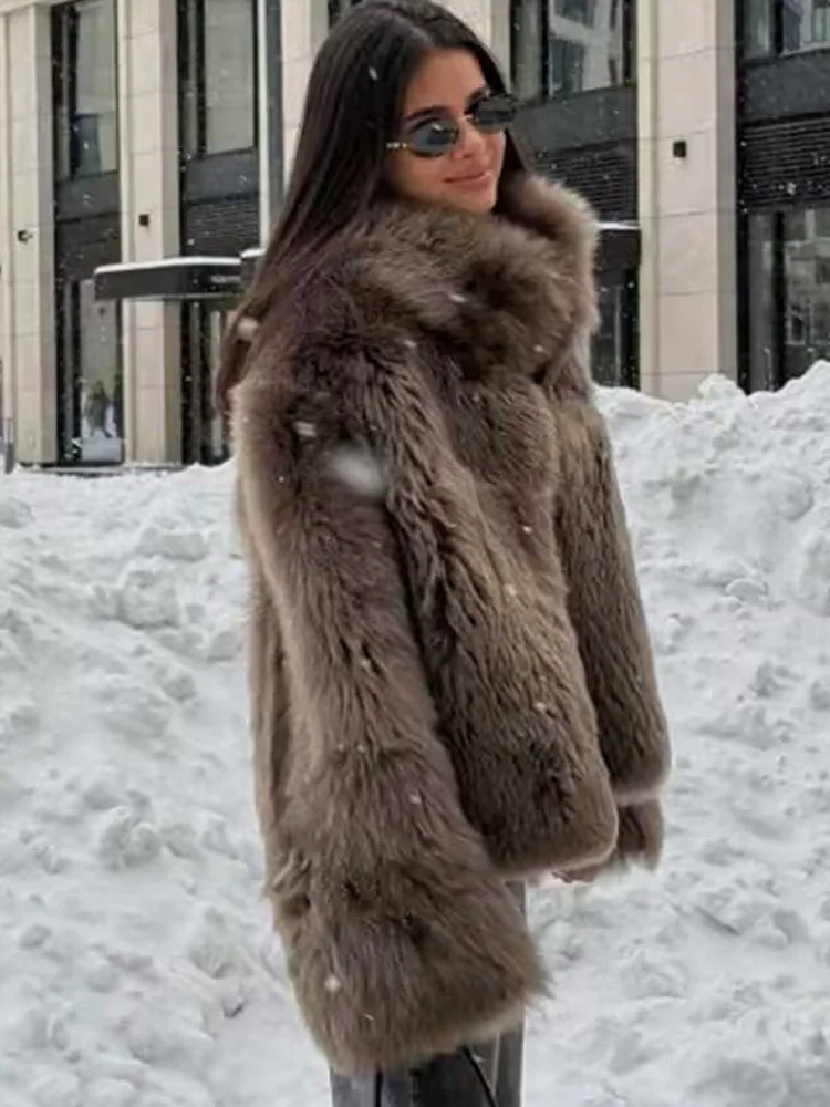 HH Winter Women Elegant Warm Faux Fur Effect Single-breasted Jacket Women Stand-up Collar High Street Long Sleeve Short Coat