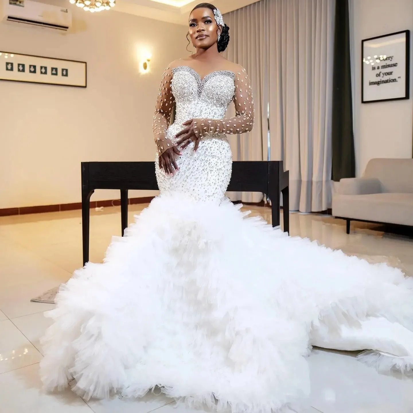 Luxury Mermaid Wedding Dress Sweetheart Illusion Sleeves Beads Crystal Ruffles Tulle African Birde Bridal Gowns Vestido De Novia