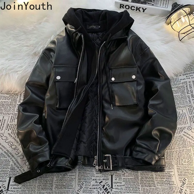 Hooded Fake Two Jackets Winter Clothes Women Streetwear BF Fashion Leather Coats Y2k Tops Zipper Casual Harajuku Korean Outwear