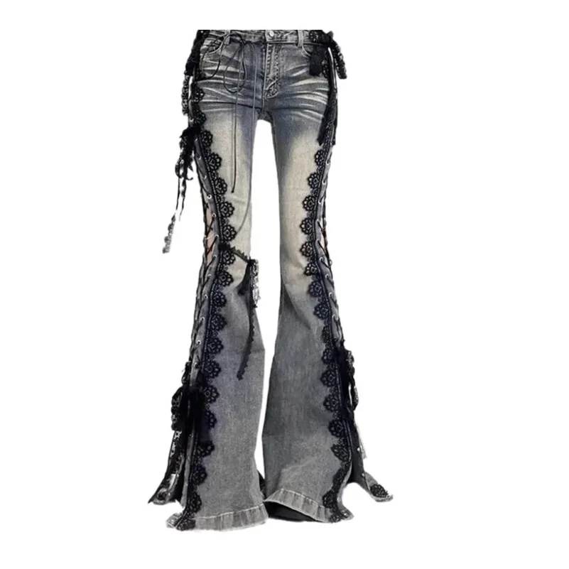 Vintage Eyelets Lace Up Flare Jeans Stitch Lace Whiskers Slim Low Rise Split Bootcut Pants Women Bell Bottoms Streetwear