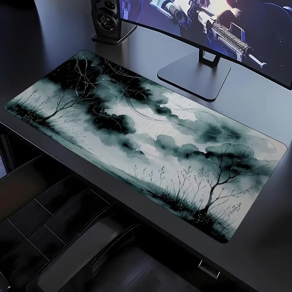 Misty Chinese Ink Wash Tree Landscape Large Gaming Mouse Pad Non Slip Rubber Desk Mat For Laptop Keyboard Home Office Desktop