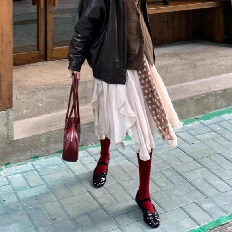 

French Style Vintage Off-White Lace Patchwork High-Waist A-Line Skirt Asymmetrical Ruffle Hem Spring/Summer Women Midi Skirt