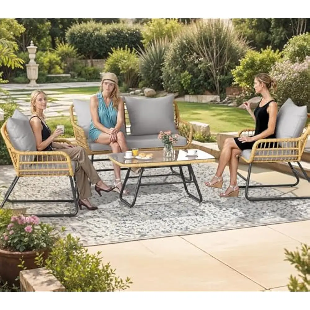 4 Piece Patio Furniture Set, Outdoor Wicker Furniture Set with Removable Cushion, Rattan Patio Loveseat Set, Glass Side Table