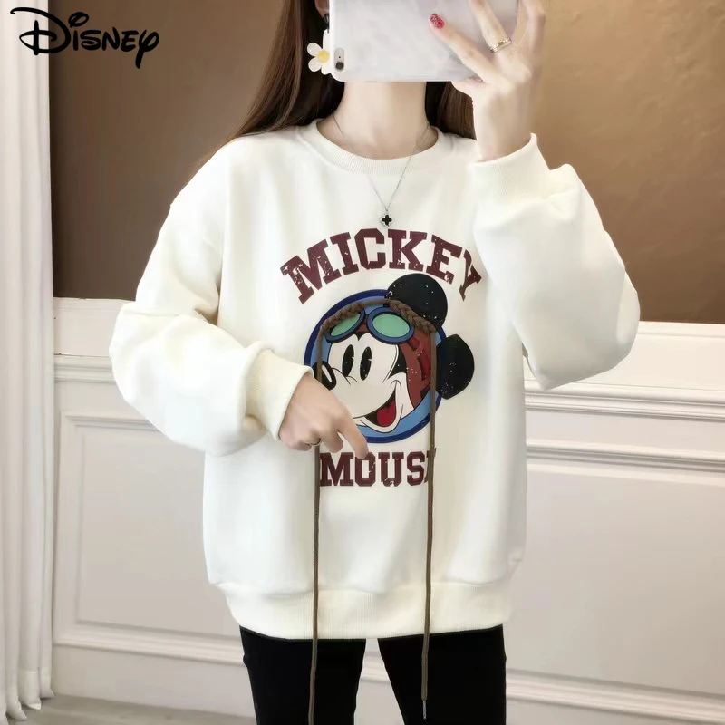 Disney Brand Clothing New Arrival Top Fashion Pullovers Casual Cotton Cartoon Mickey Mouse Print White O-neck Women Sweatshirts