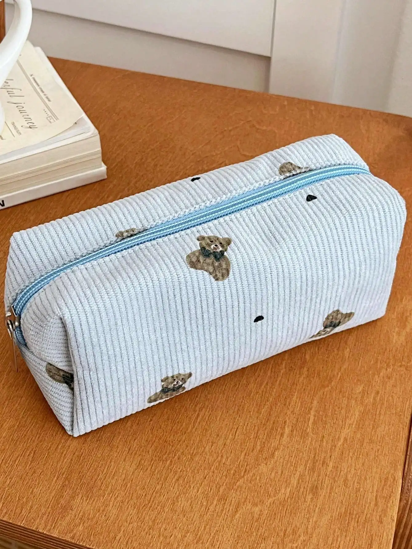 Corduroy Bear Pencil Bag Makeup Bag Large Capacity Multi functional Storage Bag Lipstick Makeup Brush Storage Bag