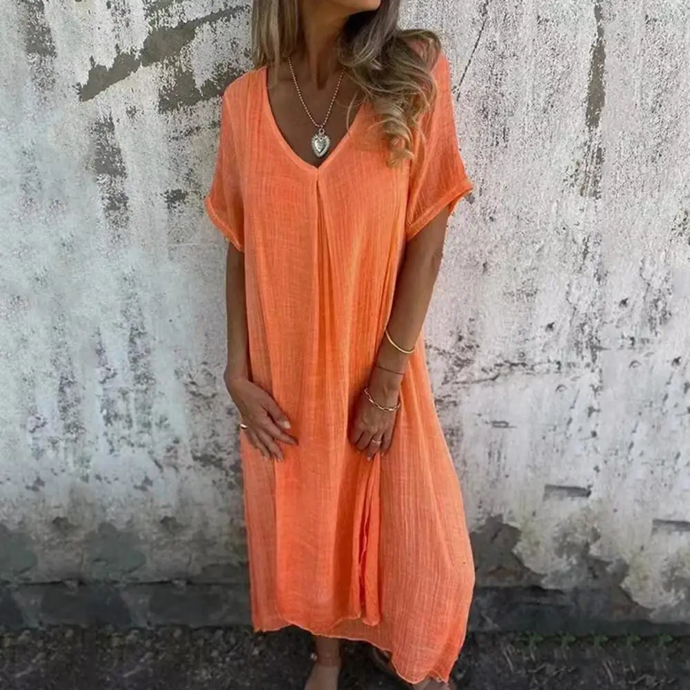 V-neck Loose Dress Bohemian Style V Neck Summer Dress for Women Soft Breathable Mid-calf Length Beach Midi Dress with Short