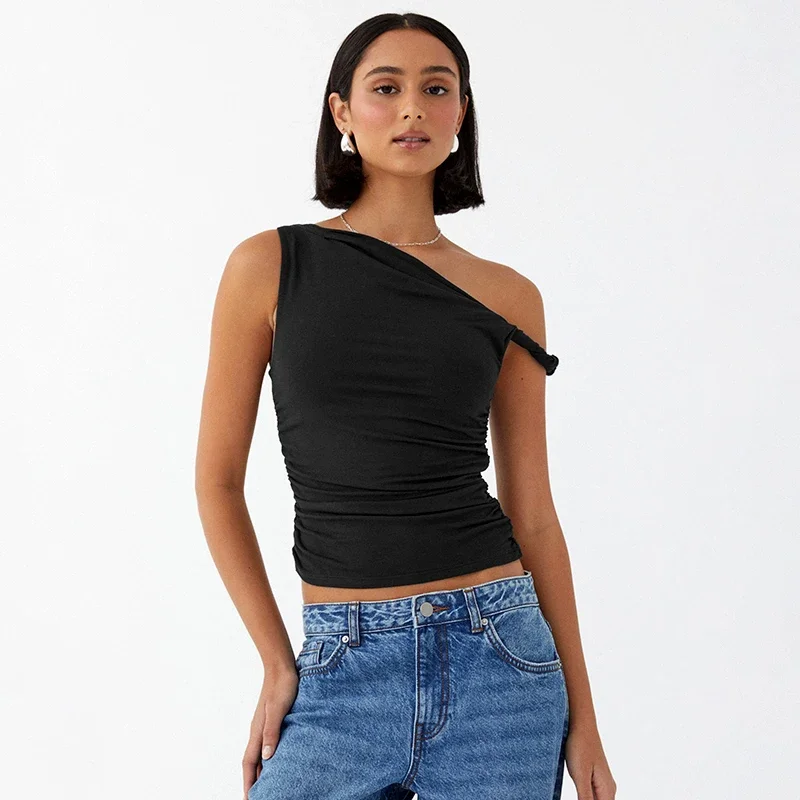 2024 Summer Tank Top Sleeveless Solid Color Off Shoulder Side Ruched Crop Tops Simple Basic Casual Vestidos Spring Women T S