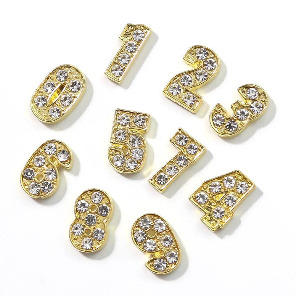 100pcs/lot 3D Alloy Numbers Nail Art Charms 0-9 Gold/Sliver Jewelry Shiny Rhinestone Decoration Metal Nail Accessories Bulk