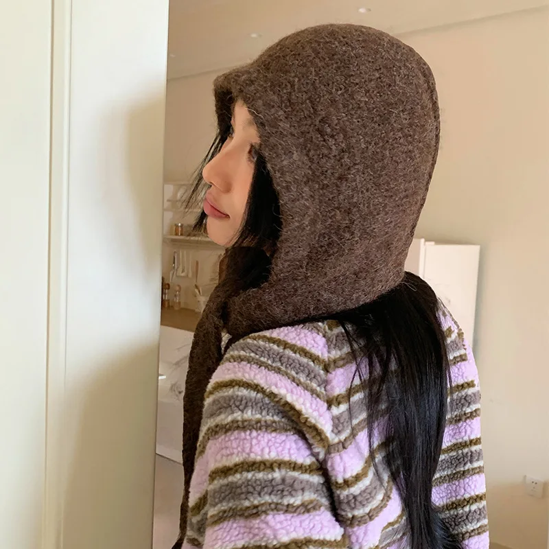 Koreanische, einfarbige, warme, dicke Pullover-Balaclava-Mütze für Herbst und Winter, Outdoor-Bombermütze mit Schnürung zum Schutz der Ohren für Damen – Detail 3