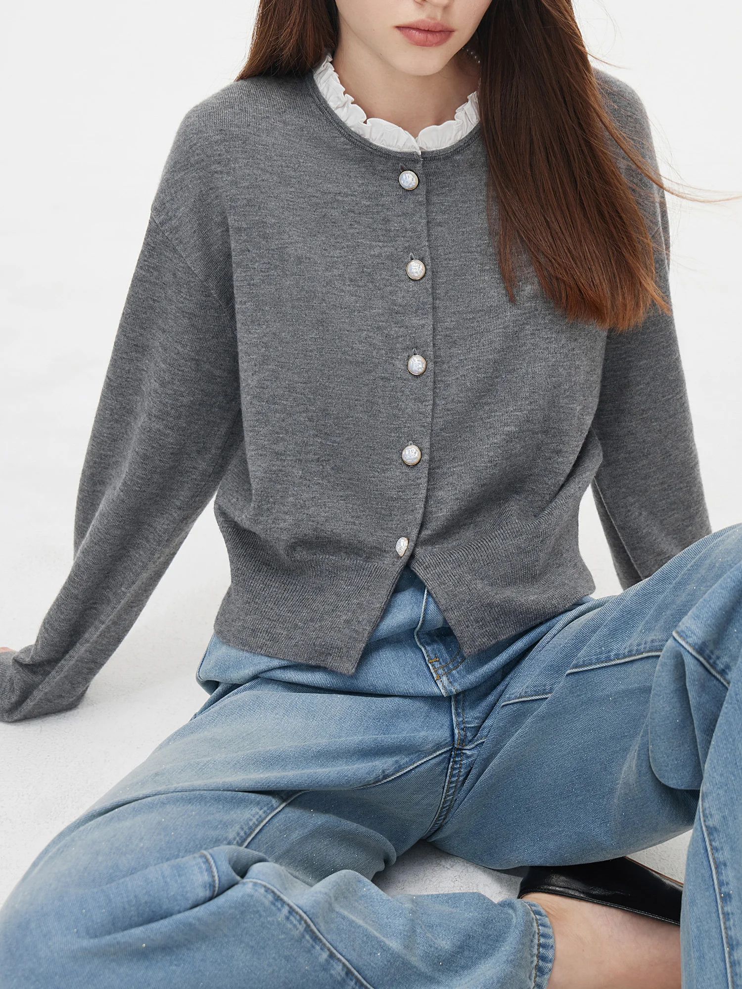 FSLE【 3 colors119 Women Sweater Cardigan Patchwork desain leher tinggi wanita kantor musim gugur rajutan Single Breasted Cardigan atas 24FS13119