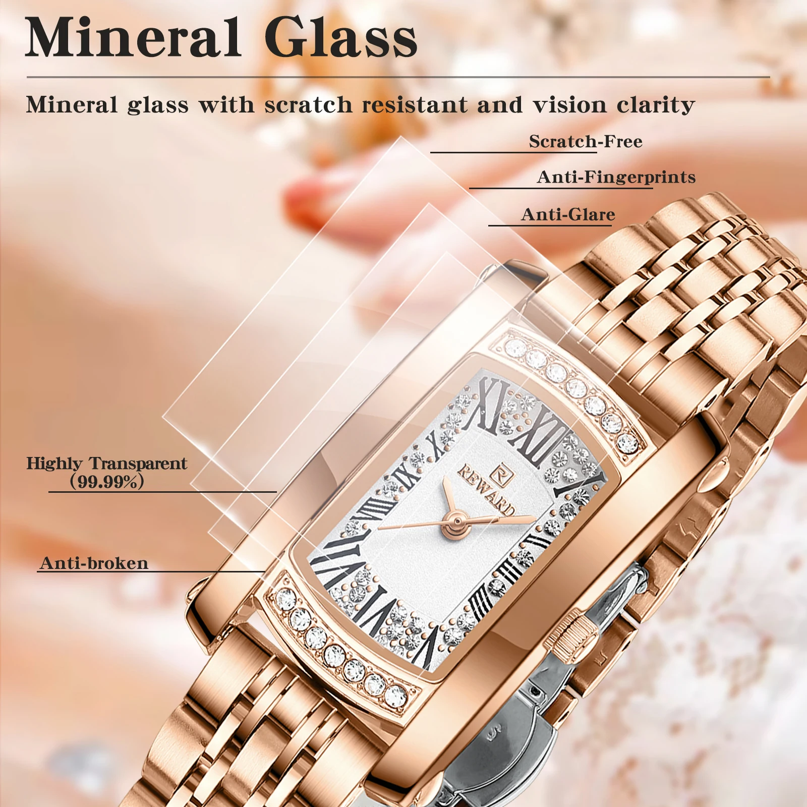 REWARD Rose Gold Quartz Watch for Girl Waterproof Luminous Diamond Women Watch for Ladies Fashion Clock view 4