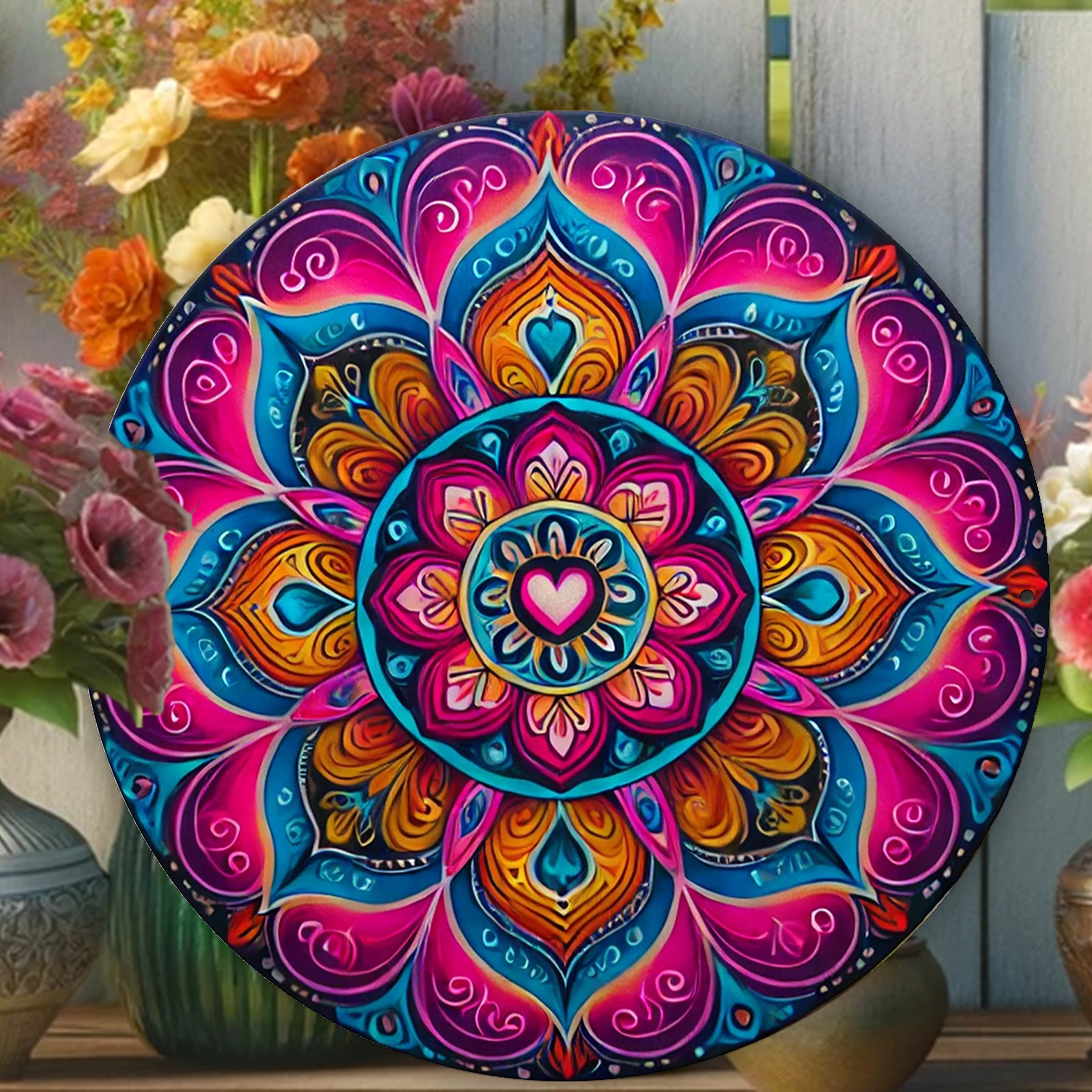 

Vibrant Round Mandala Metal Wall Art Décor Set of 1 - Durable Iron Outdoor Hanging Decoration for Garden, Patio