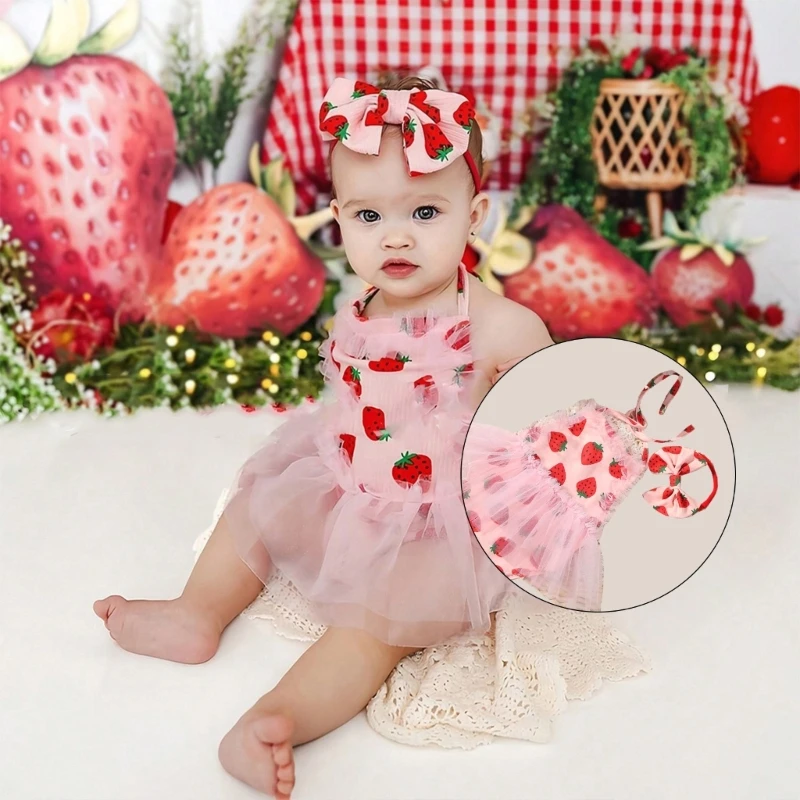 Headband Skirt for Newborn Photography Props Overalls Strawberry Jumpsuit Photo Props Outfits Set