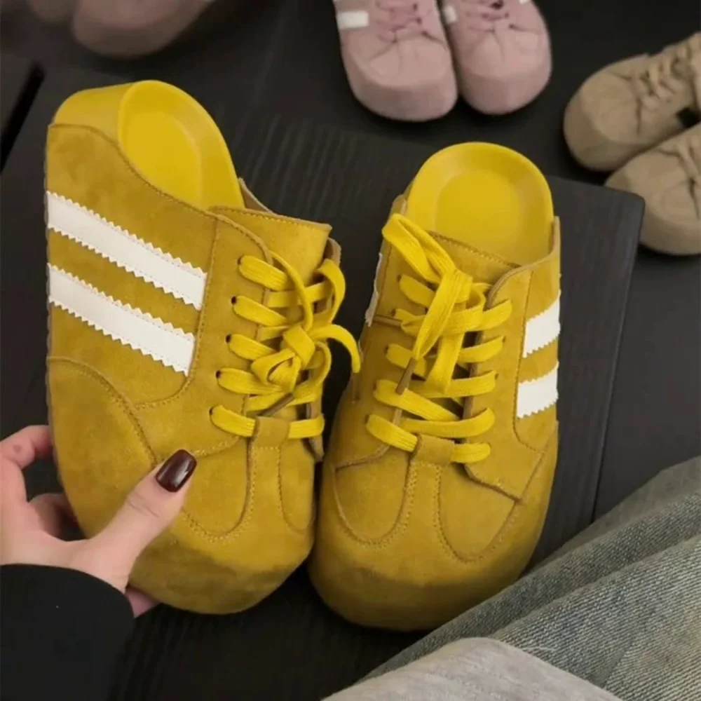 Damen Retro Wildleder Gestreifte Mule-Sneaker, Slip-on Freizeitschuhe, Bequeme Dicksohlen-Fußbekleidung für Streetstyle – Detail 8