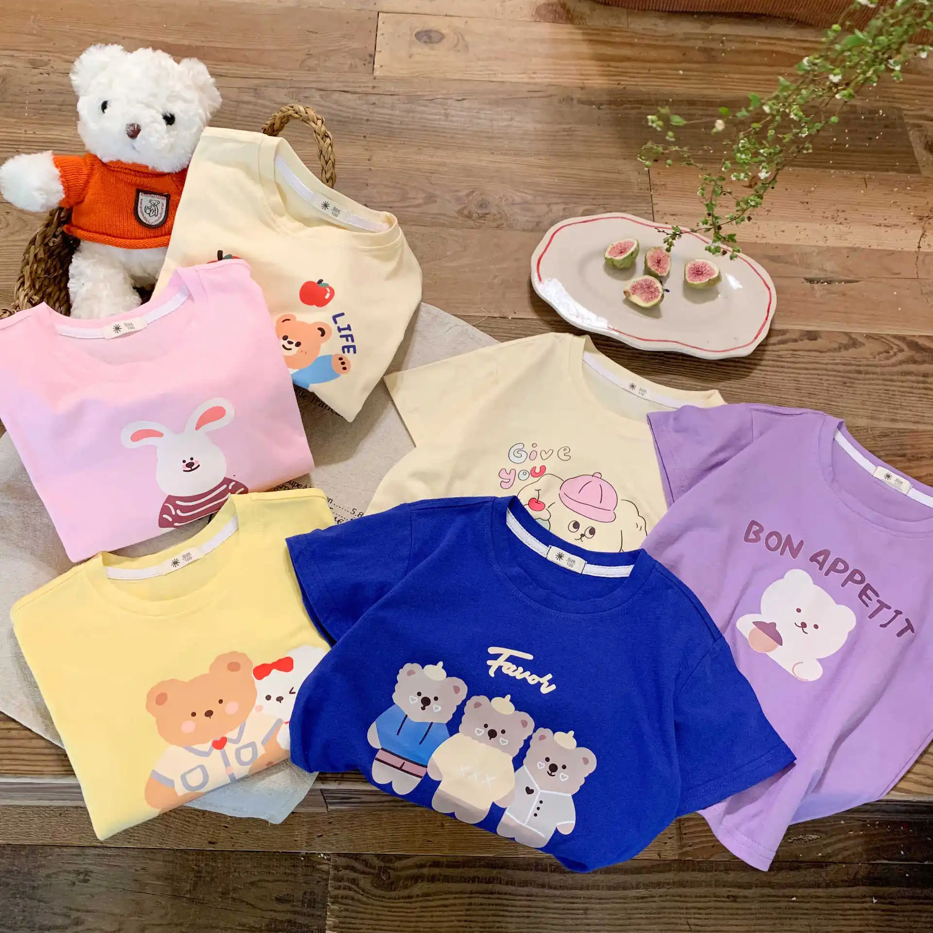 

2024 Summer Girls 2-8 Years Cute Print Bear Short Sleeve Cotton T-shirts Kids Soft Tee