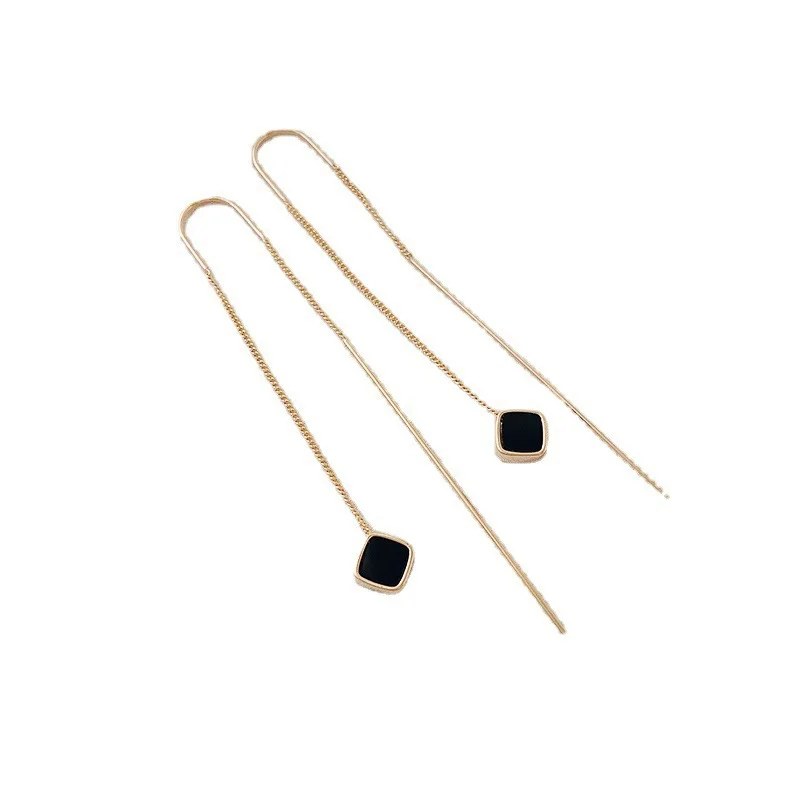1Pair Women's Long Tassel Dangle Earrings Gold-Color Line Simple Geometric Square Drop Earring Korean Fashion Party Jewelry