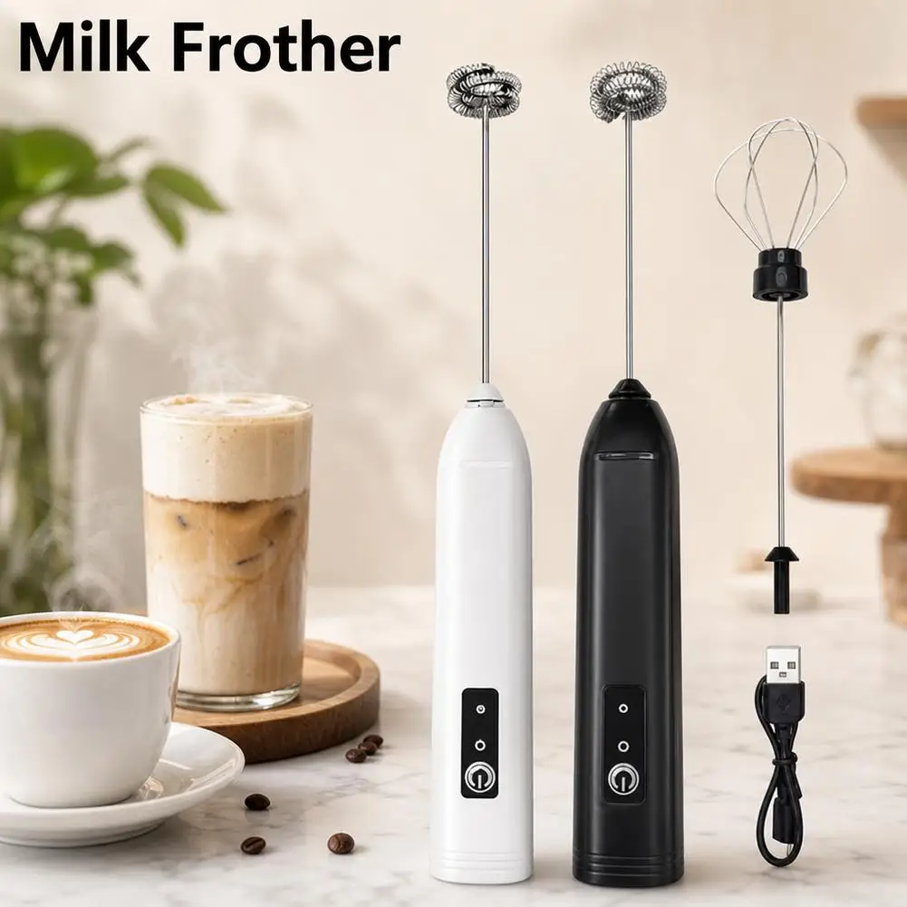 Cordless Rechargeable Double Head Milk Frother 3 Adjustable Speeds Interchangeable Spring & Balloon Whisk Coffee Latte Egg Beate
