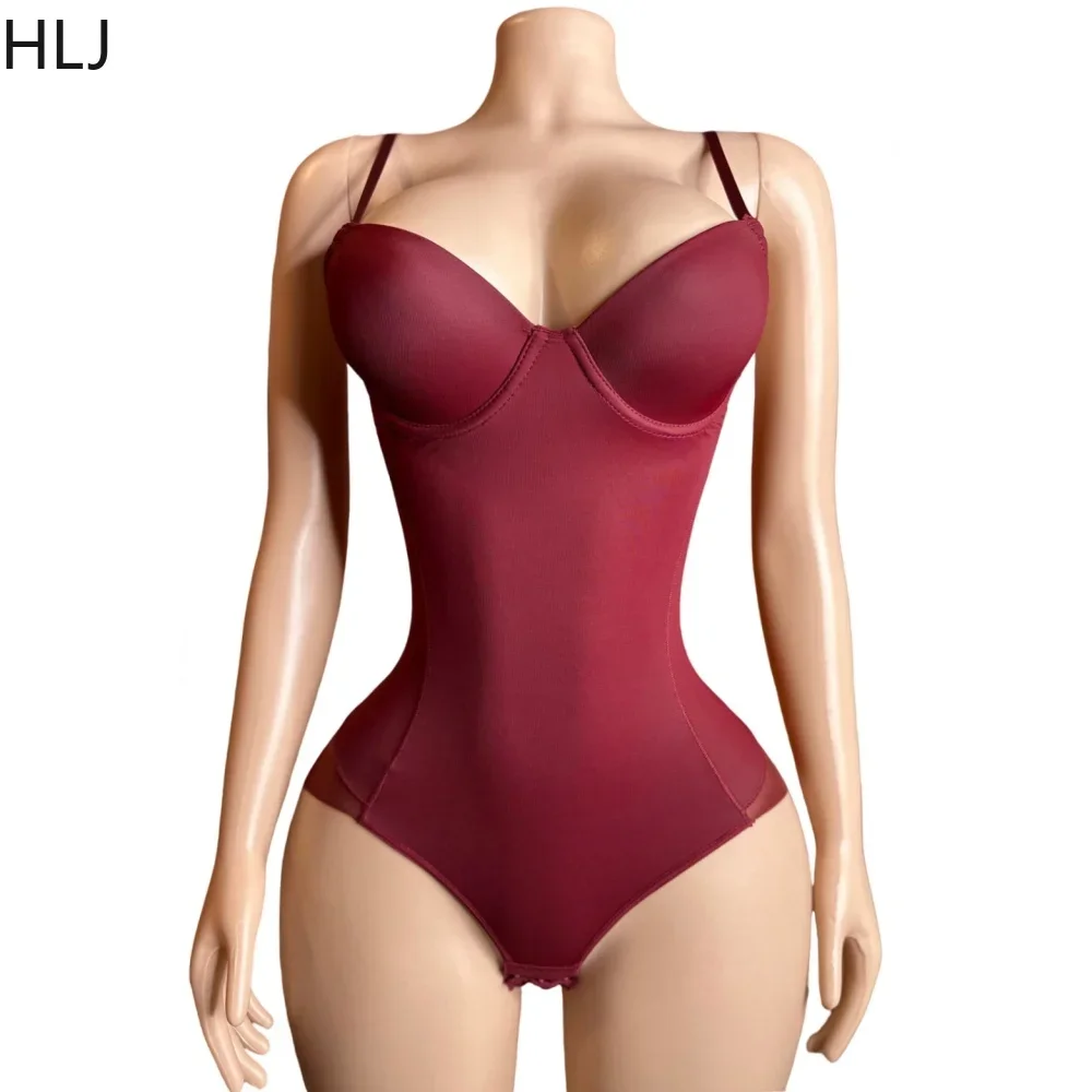 HLJ Sexy Solid V Neck Spaghetti Strap Slim Bodysuits Women Sleeveless Backless High Stretchy Bodycon Rompers Female Clubwear