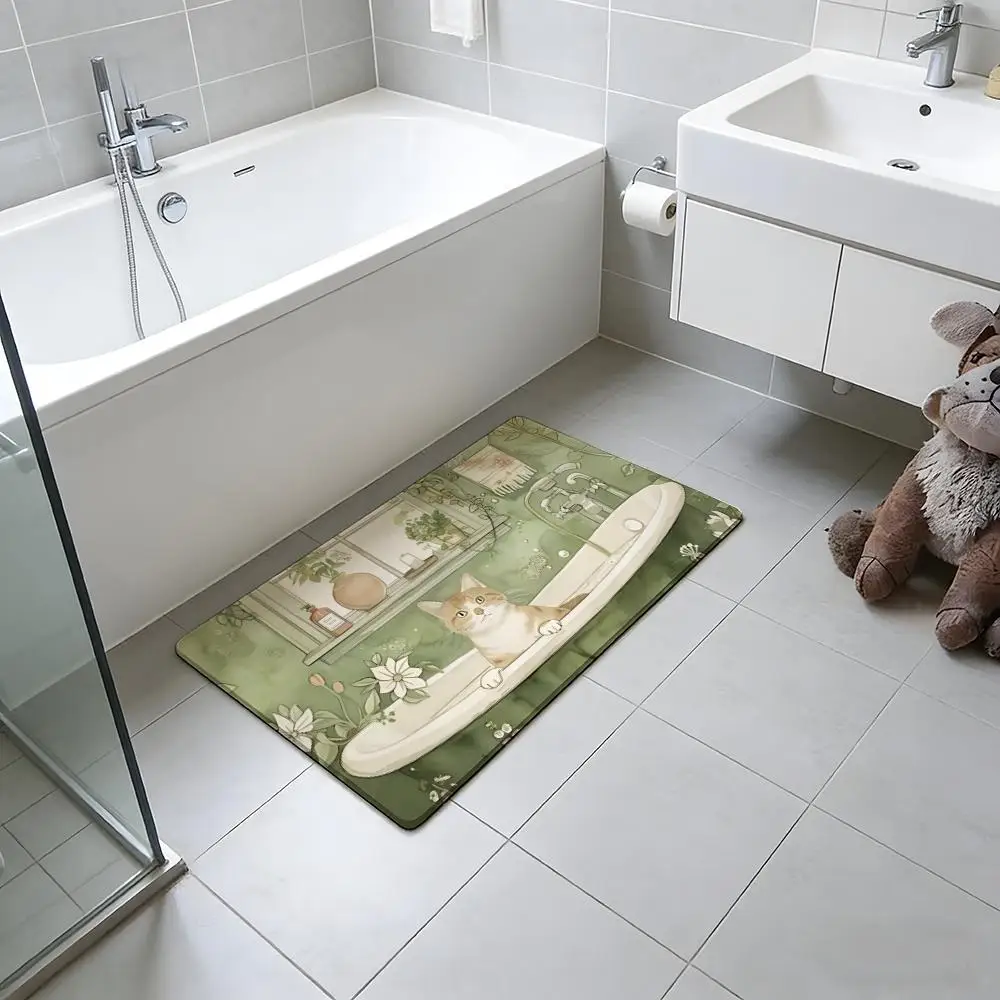 fashion T-Tabby Cat in Bathtub Floor Mat Absorbent Floor Mat Non-Slip Entrance Rug for Bathrooms Restrooms and Toilets