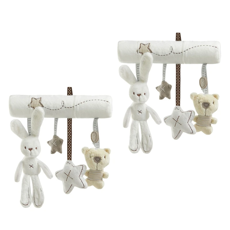 

White Plush Rattle Stroller Toy Interactive Hanging Pendant Bunny Bear for Crib for