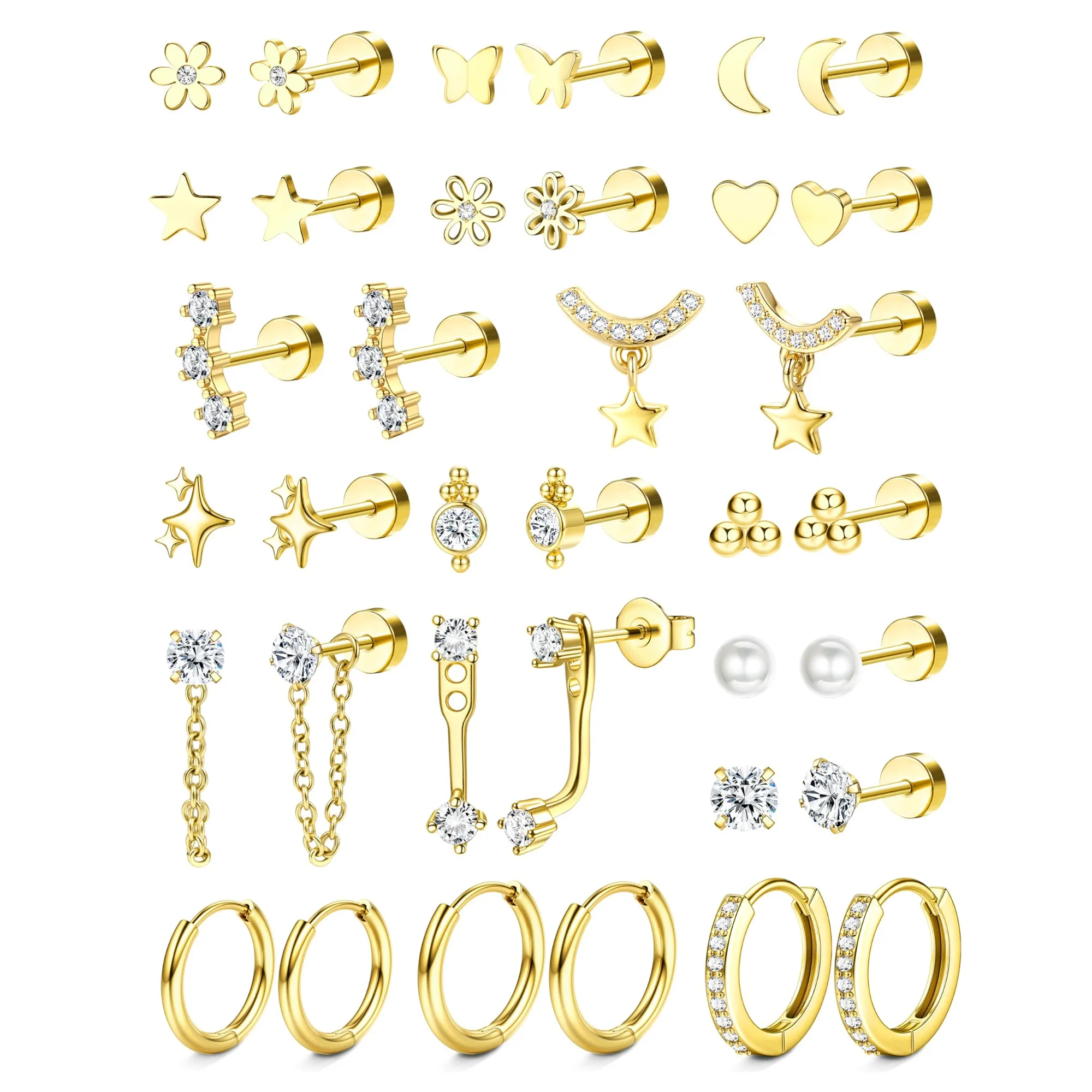 18 pares de pendientes hipoalergénicos de base plana, pendientes de cartílago, chapados en oro de 14K, acero quirúrgico, juego de pendientes de aros pequeños y delicados para orejas sensibles, regalo de joyería para mujer.
