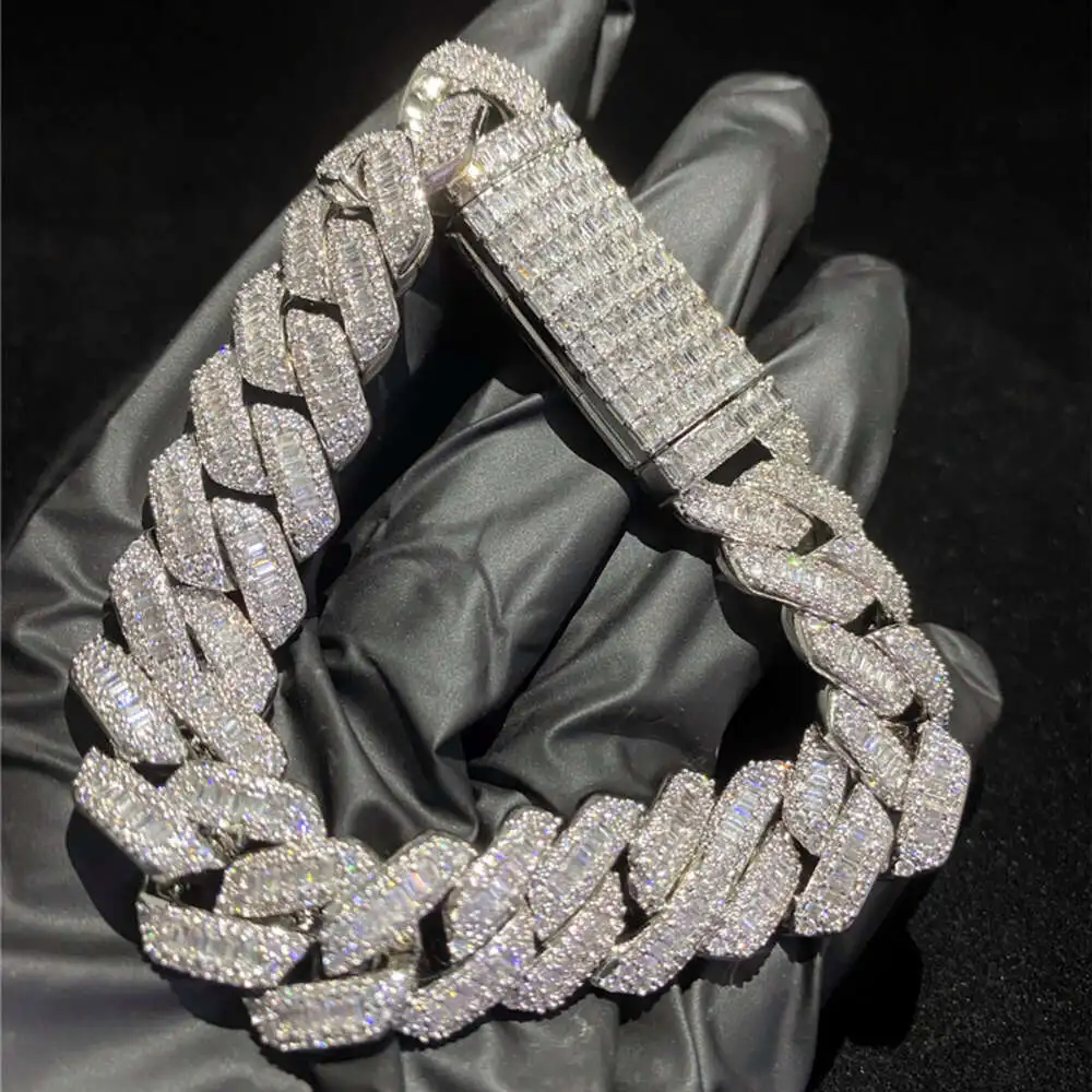 925 Sterling Silver Gold Plated Baguette Diamond Cuban Bracelet 13mm 15mm Iced Out Moissanite Cuban Link Chain Bracelet