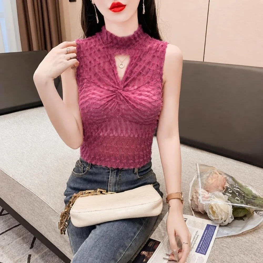 Fashion High Neck Lace Tank Top Slim Fit Sheer Mesh Twist Front Vest Lace Trim Sleeveless Hollow Out Shirt Inner Wear