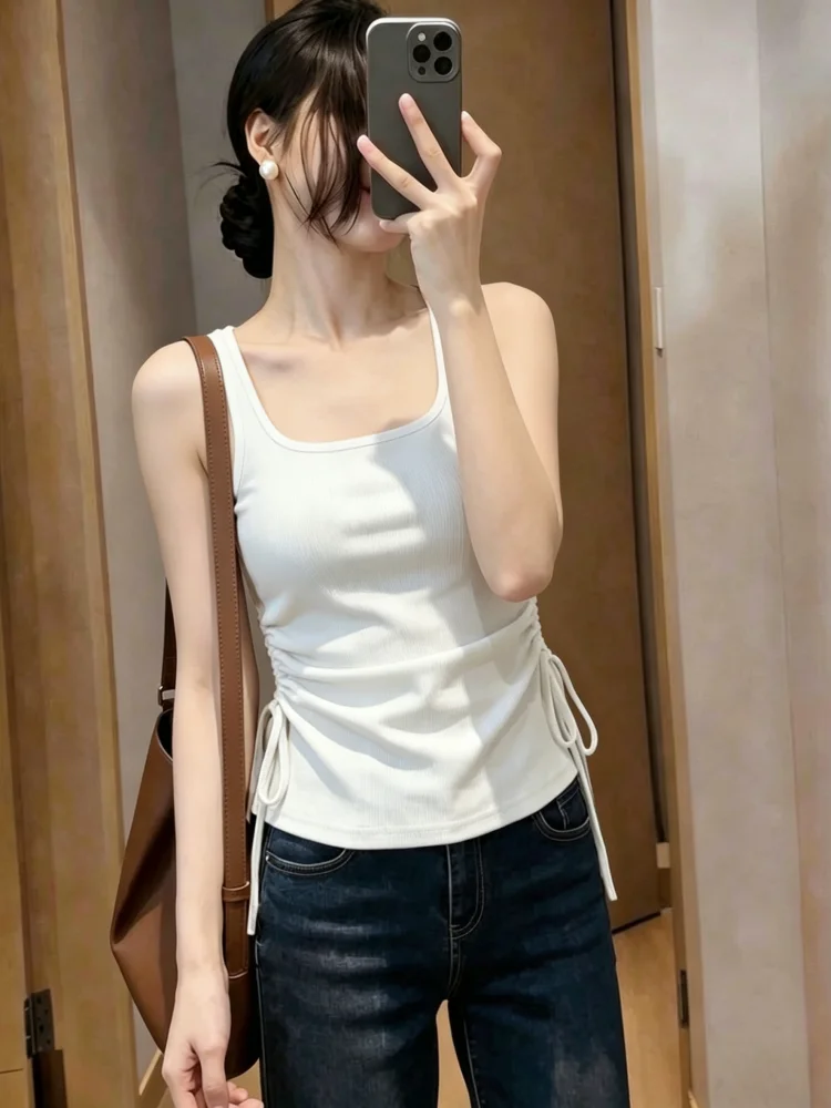 Women's 95 Cotton Summer Spring Strap Vest Drawstring Waist Control Underwear Outerwear Casual Simple Style Basic Top