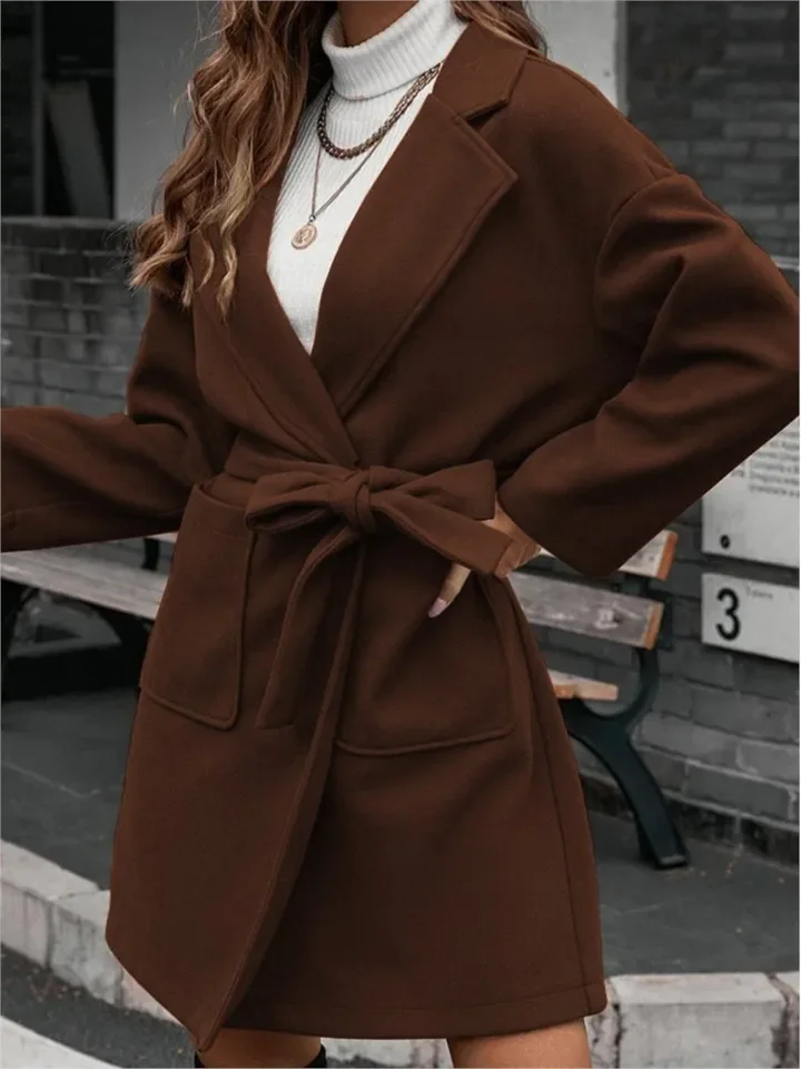 New Autumn Winter Women's Woolen Long-sleeved Casual Long Coats Fashion Pockets Elegant Laces Female Suit Collar Woolen Coats
