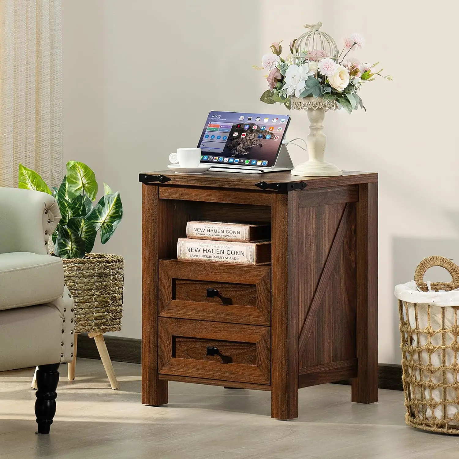 Nightstands Set of 2 with Charging Station and 2 Drawers, Farmhouse, Customized
