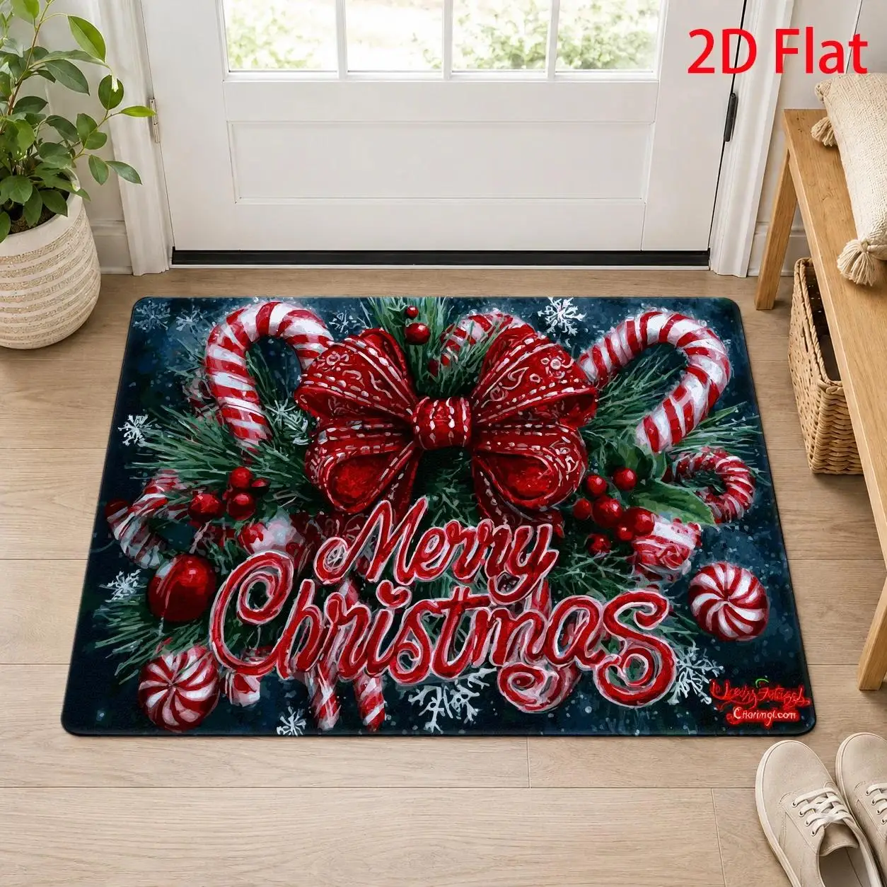 Merry Christmas Wreath Tree Doormat Retro Plaid Indoor Floor Rug Absorbent Entryway Carpet Low‑Profile Area Mat for Home Decor