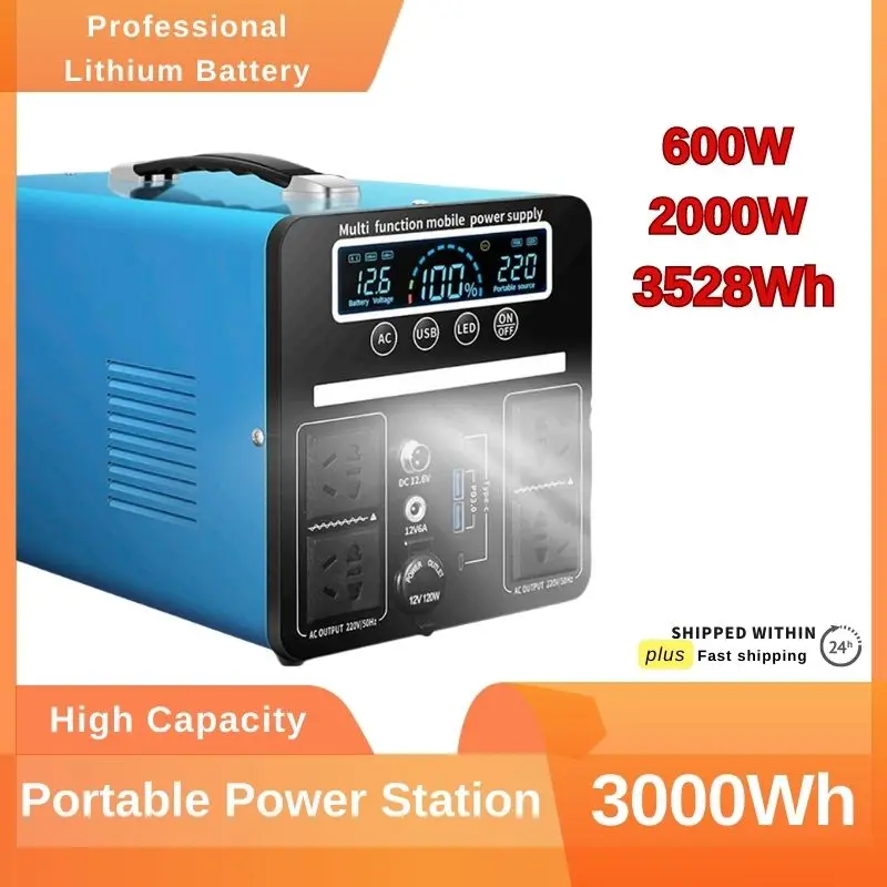 Centrale électrique portable, banque d'alimentation solaire, batterie de camping, générateur d'énergie, alimentation de secours extérieure, 2000W, 12V, 600W, 3528Wh