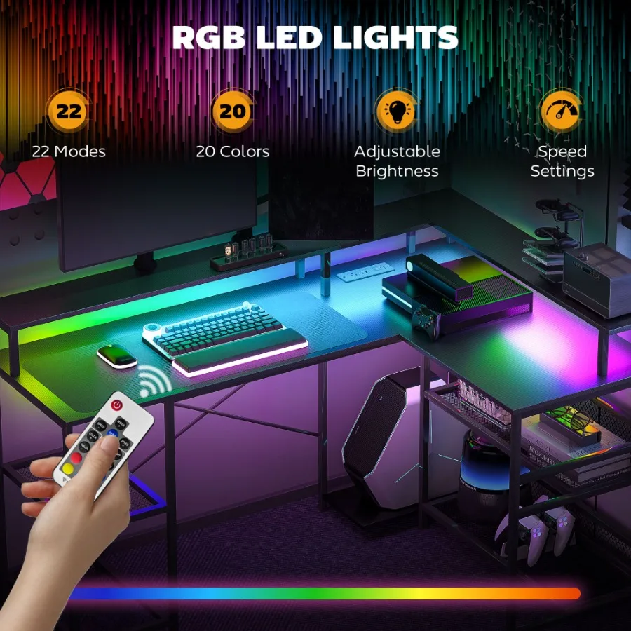 مكتب HOMCOM على شكل حرف L مقاس 59 بوصة مع مكتب زاوية تخزين مع أضواء LED ومنافذ طاقة للمكتب المنزلي ومساحة صغيرة باللون الأسود #4