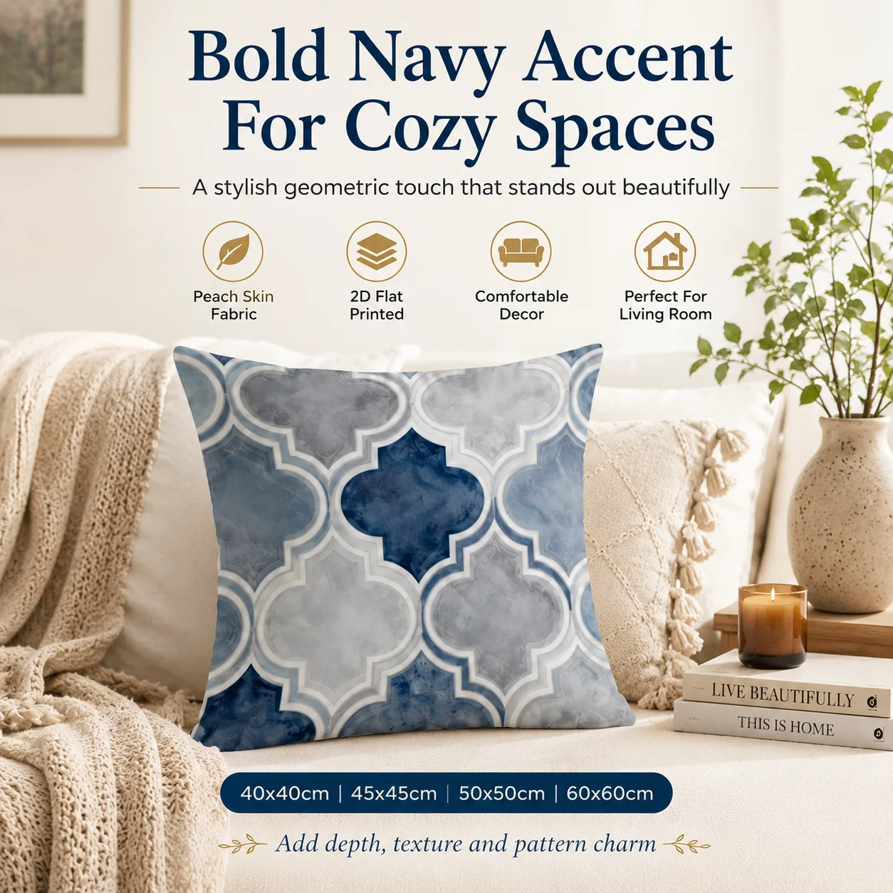 Watercolor Blue Geometric Cushion Cover 2D Flat Printed Peach Skin Pillowcase for Couch Chair Bed Sofa Home Decoration view 4