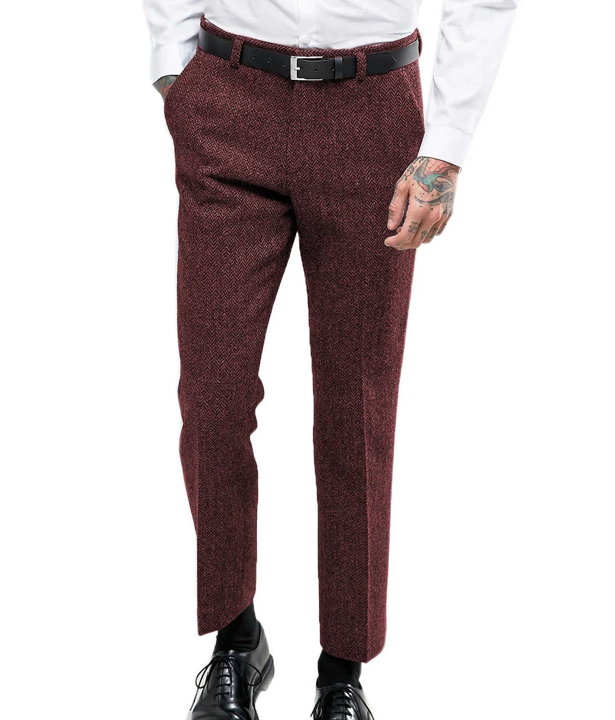 Men Herringbone Tapered Pants Vintage Tweed Business Casual High Waist Full Length Men Trousers With Pockets