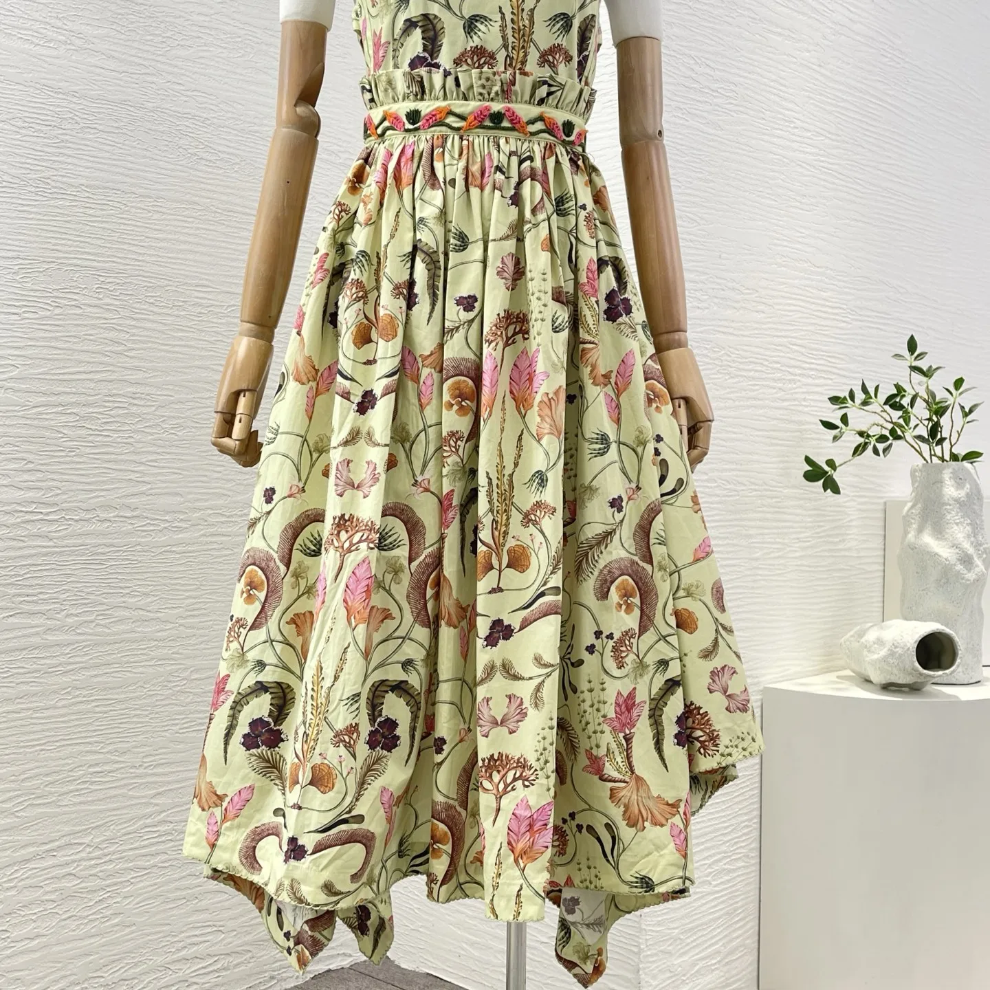 

Yellow Pink Botanic Print Sleeveless Self Bow Tie Pleat Ruched Ruffles Midi Dress