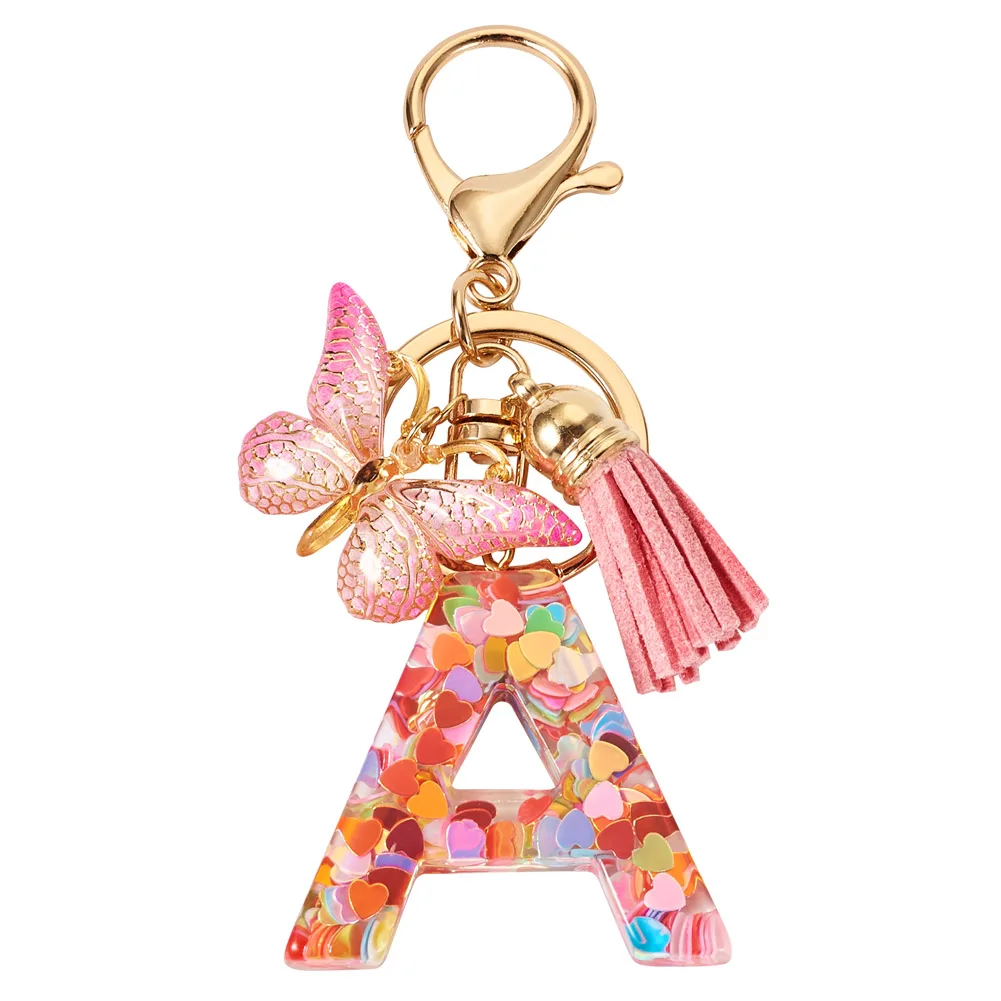 A-Z Sakura Pink Color Key Chain Acrylic Resin Letter Shape Heart Filling with Butterfly Tassel Holiday Gift Ornament Pendant