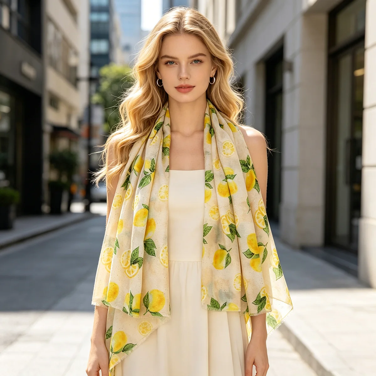 Women's Beige Lemon Fruit Printed Scarf, Lightweight Long Shawl with Glitter Dots, 180x88cm Fashion Neck Wrap for Daily Casual O