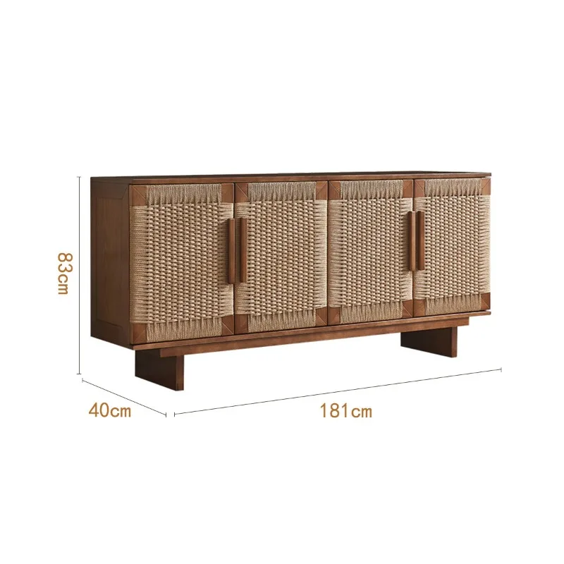 Medieval wabi-sabi wind solid wood side cabinet, hand-woven rattan side cabinet