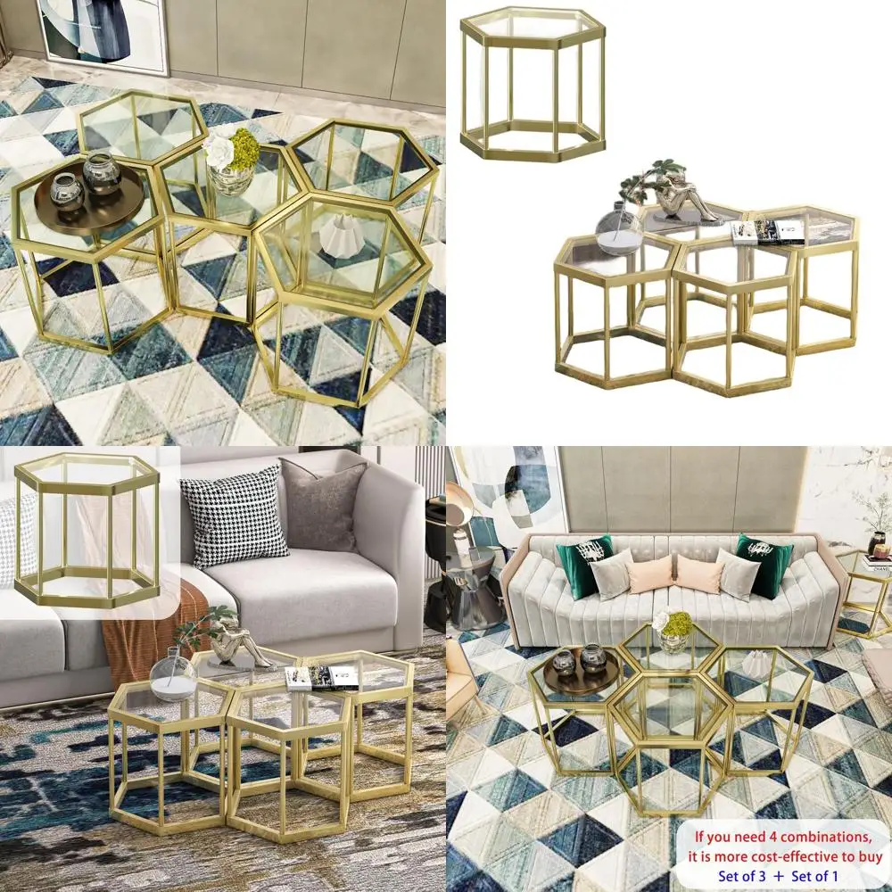 

Modern Hexagonal Glass Coffee Table with Metal Frame, Set of 1 for Living Room